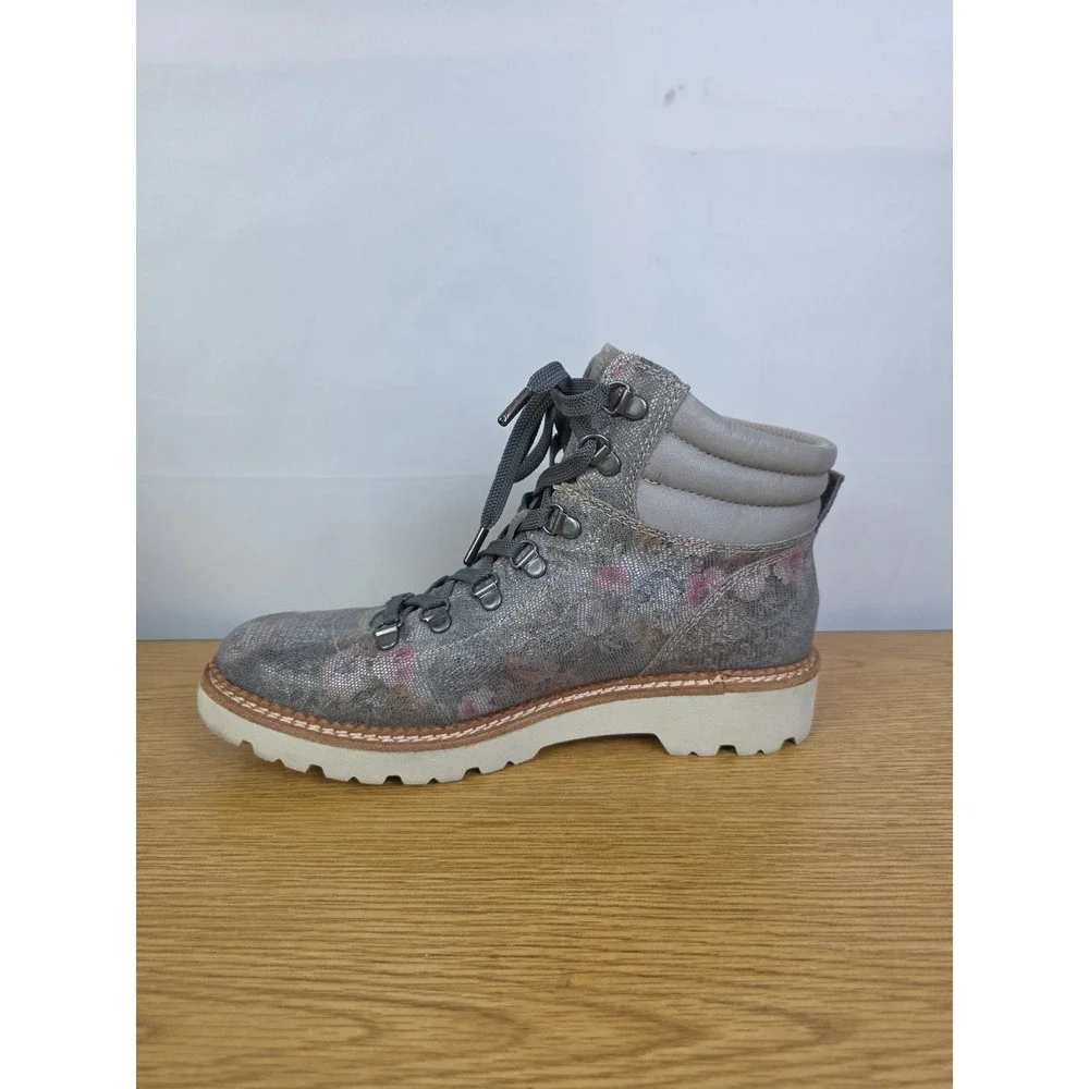 Bionica Women's Dezi Gray Floral‎ Waterproof Leather Lace Up Ankle Boots 8M